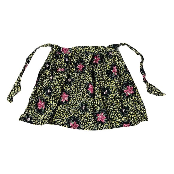 Vintage Floral Apron 50s Handmade Black Pink Yellow Flowers One Pocket Tie Back - Picture 2 of 6